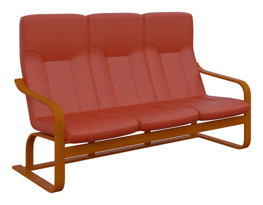 BO - 3 trojkřeslo, dřevěná kostra, moření třešeň, koženka OTO P 2, cihlová